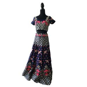 Women's Indian Wedding Blue embroided Lehenga with beads and mirror details
